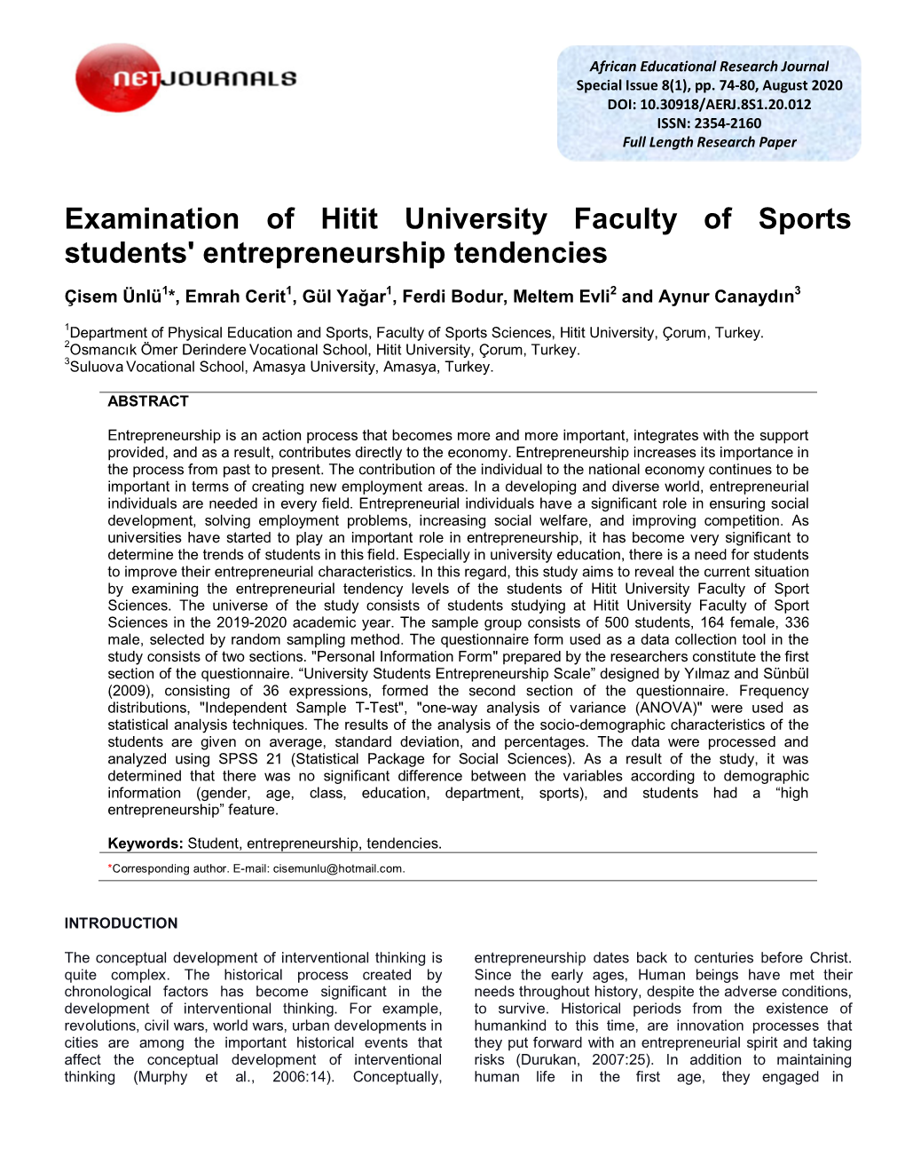 Examination of Hitit University Faculty of Sports Students' Entrepreneurship Tendencies