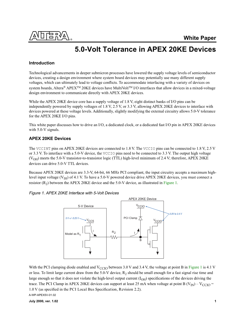 5.0-Volt Tolerance in APEX 20KE Devices White Paper