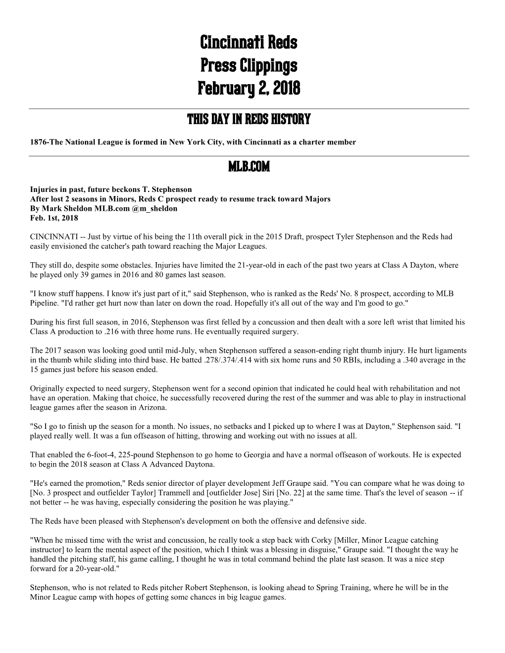 Cincinnati Reds Press Clippings February 2, 2018