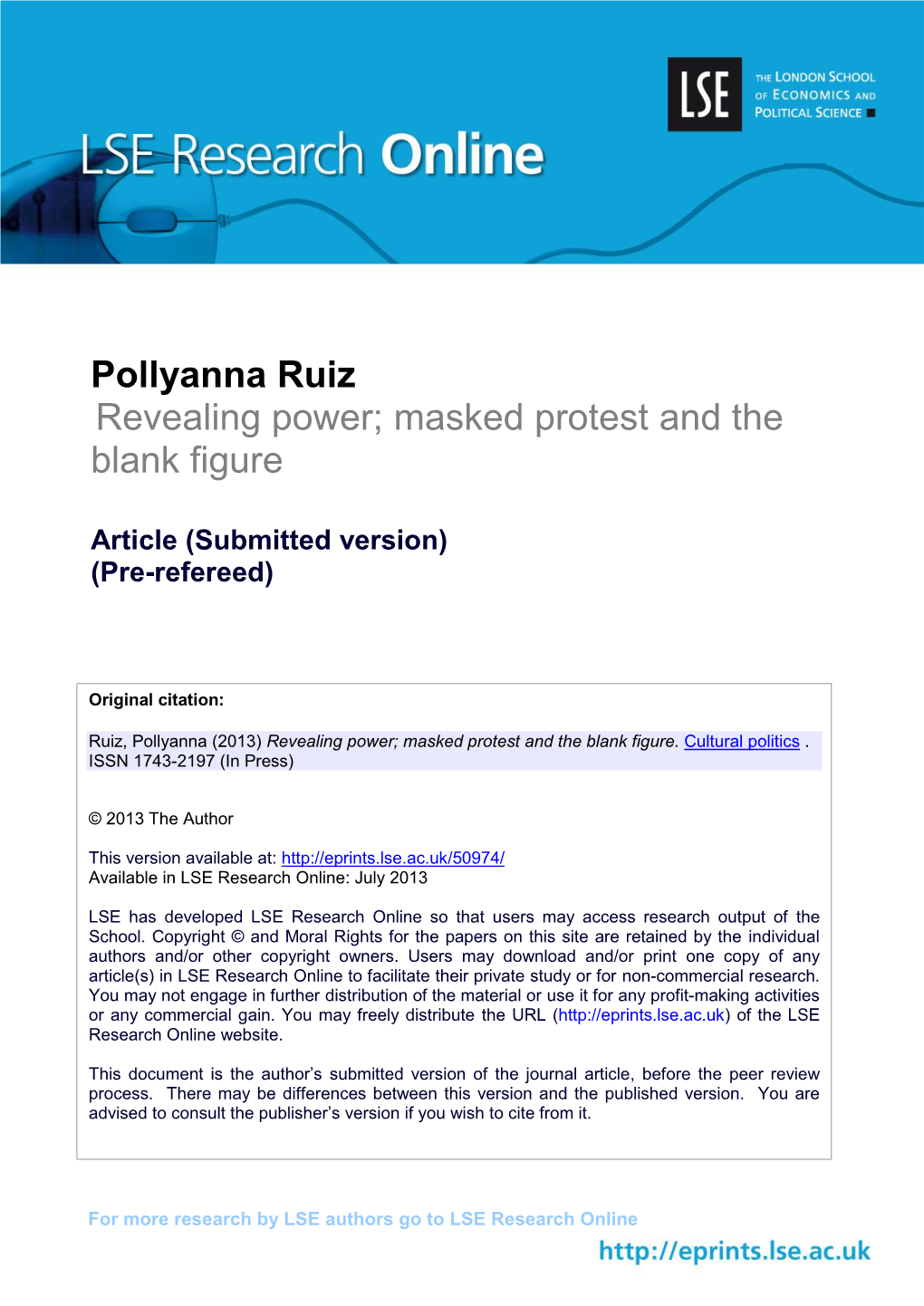 Pollyanna Ruiz Revealing Power; Masked Protest and the Blank Figure