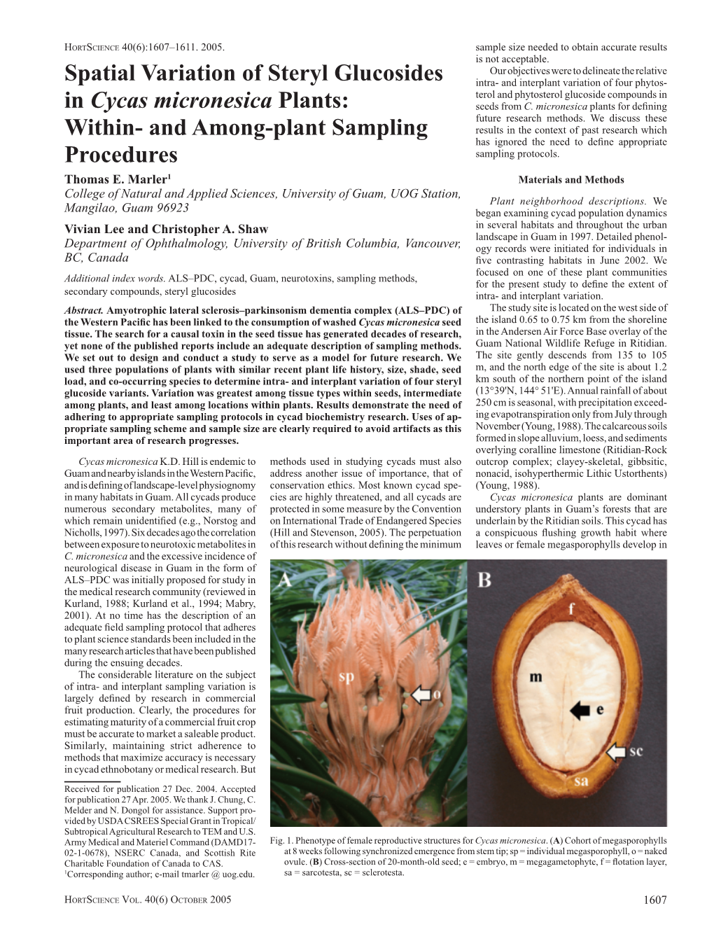 Spatial Variation of Steryl Glucosides in Cycas Micronesica Plants: Within