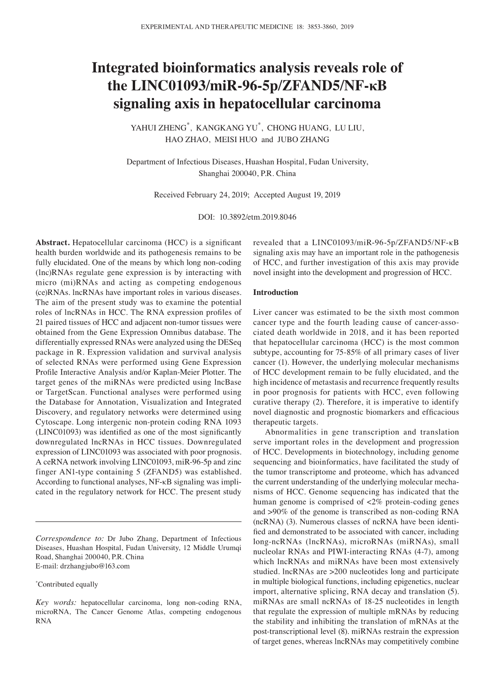 Integrated Bioinformatics Analysis Reveals Role of the LINC01093/Mir‑96‑5P/ZFAND5/NF‑Κb Signaling Axis in Hepatocellular Carcinoma