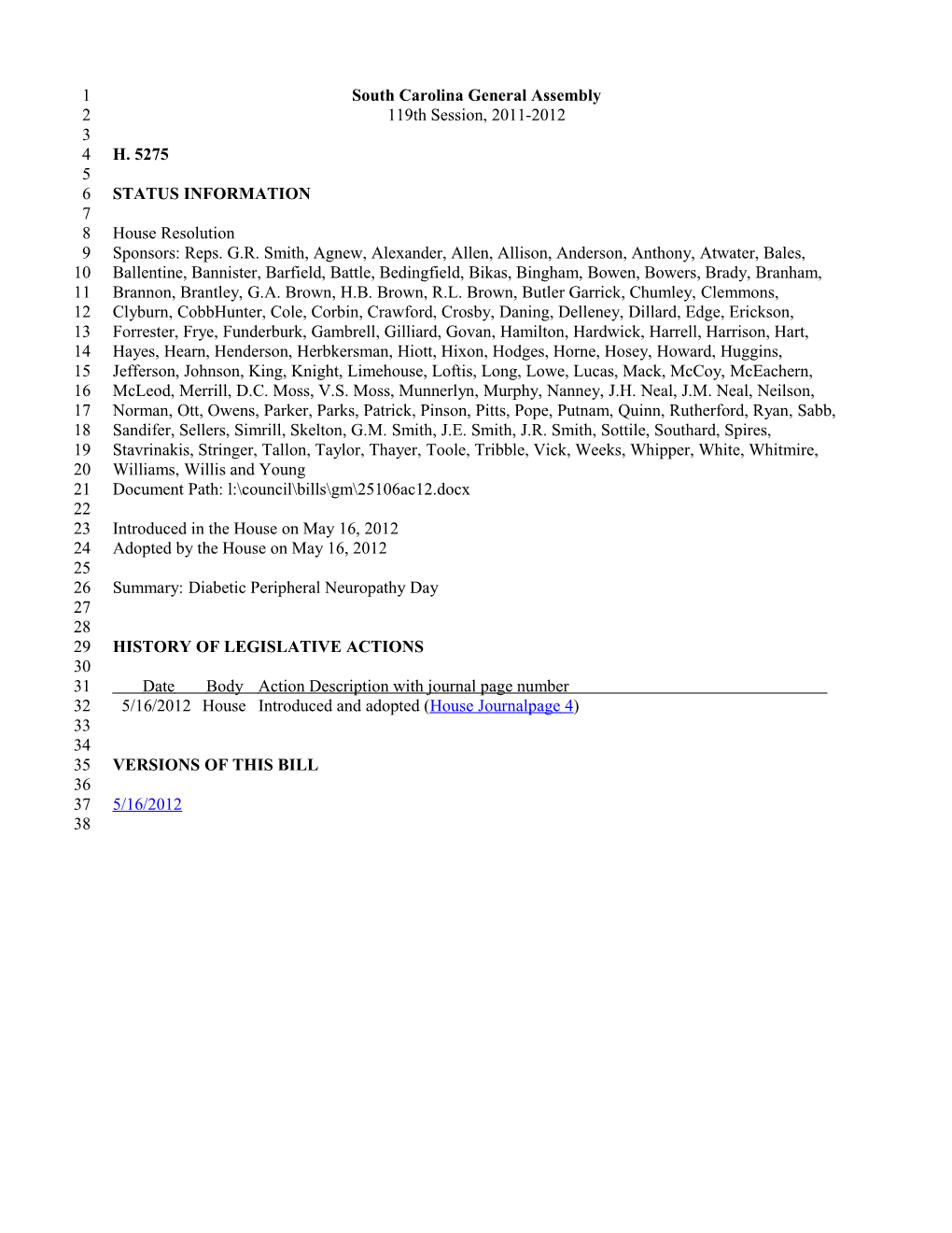 2011-2012 Bill 5275: Diabetic Peripheral Neuropathy Day - South Carolina Legislature Online