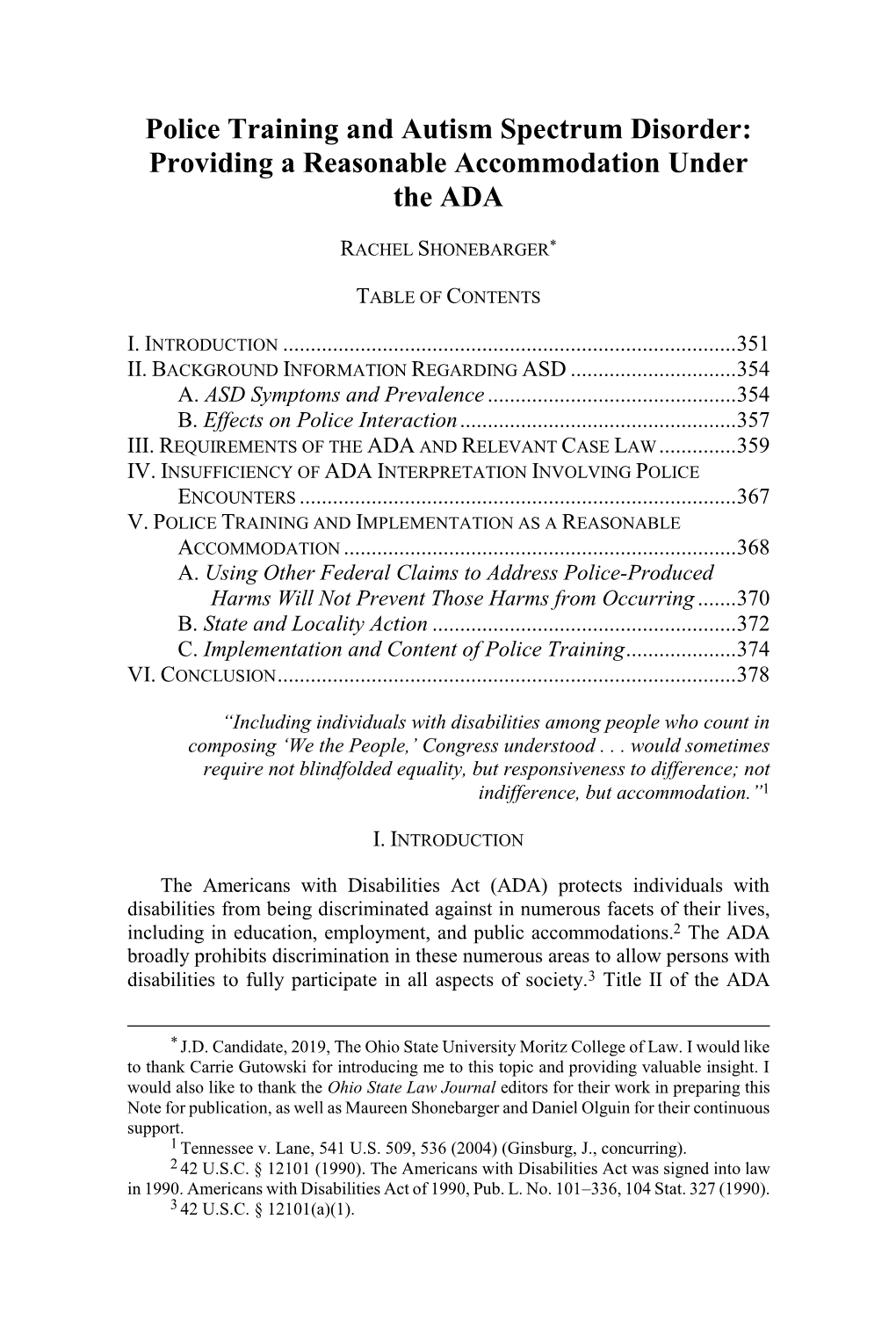 Police Training and Autism Spectrum Disorder: Providing a Reasonable Accommodation Under the ADA