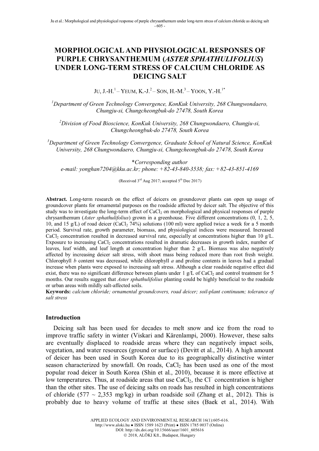 (Aster Sphathulifolius) Under Long-Term Stress of Calcium Chloride As Deicing Salt