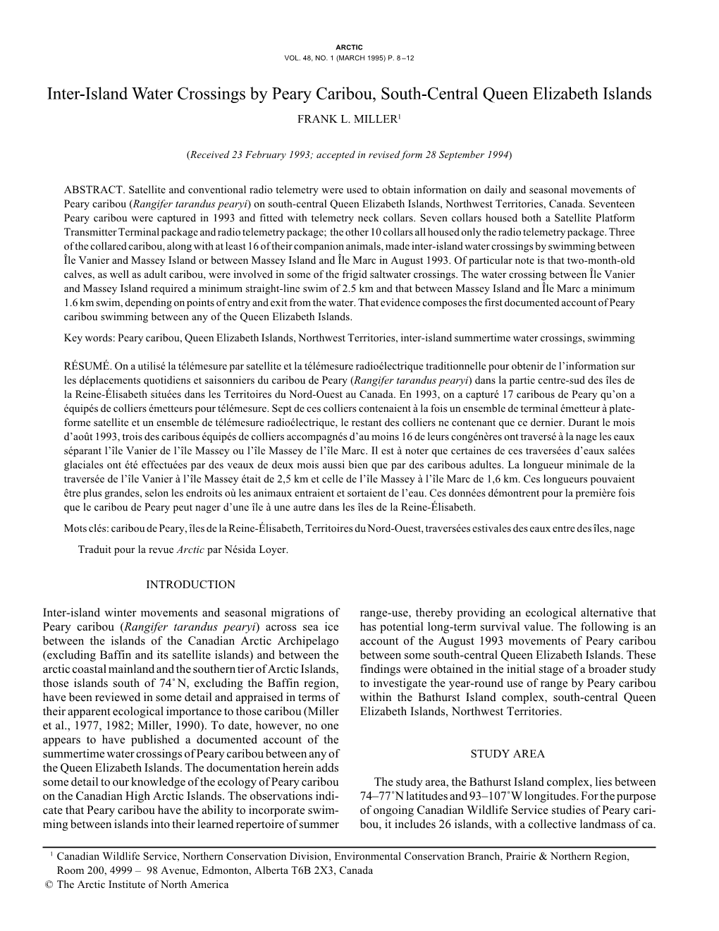 Inter-Island Water Crossings by Peary Caribou, South-Central Queen Elizabeth Islands FRANK L