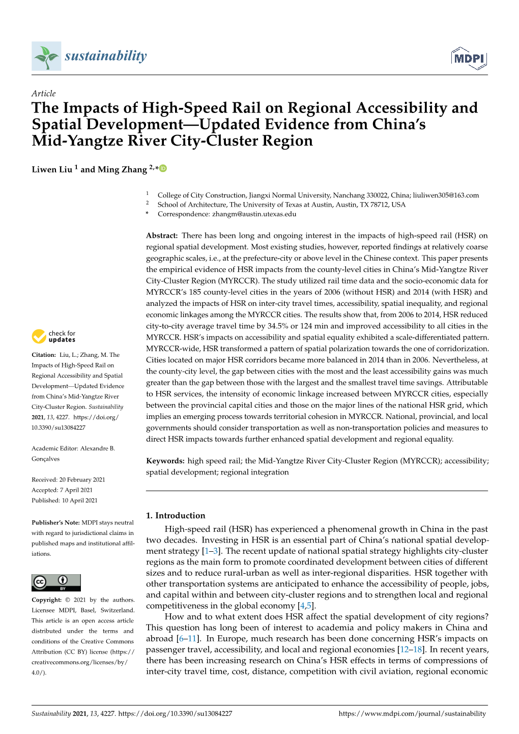 The Impacts of High-Speed Rail on Regional Accessibility and Spatial Development—Updated Evidence from China’S Mid-Yangtze River City-Cluster Region