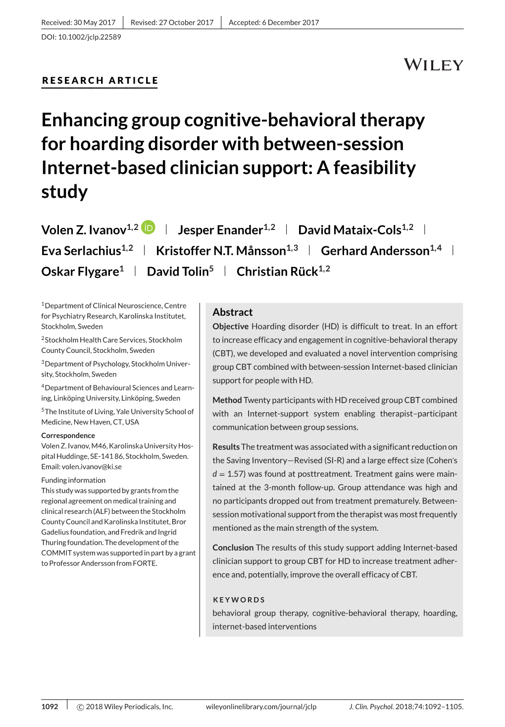 Enhancing Group Cognitive-Behavioral Therapy for Hoarding Disorder with Between-Session Internet-Based Clinician Support: a Feasibility Study