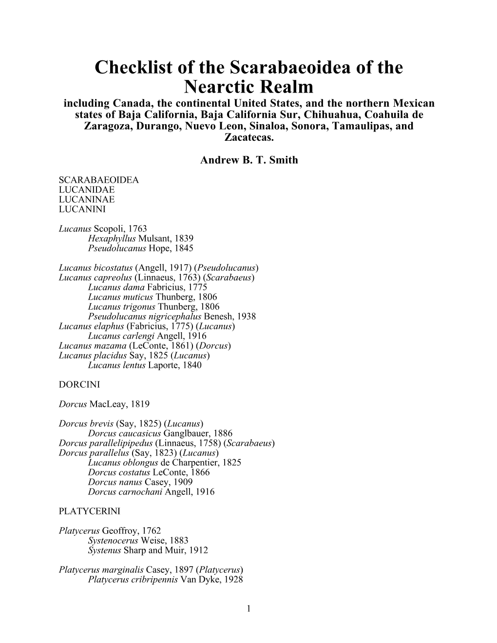 Checklist of the Scarabaeoidea of the Nearctic Realm