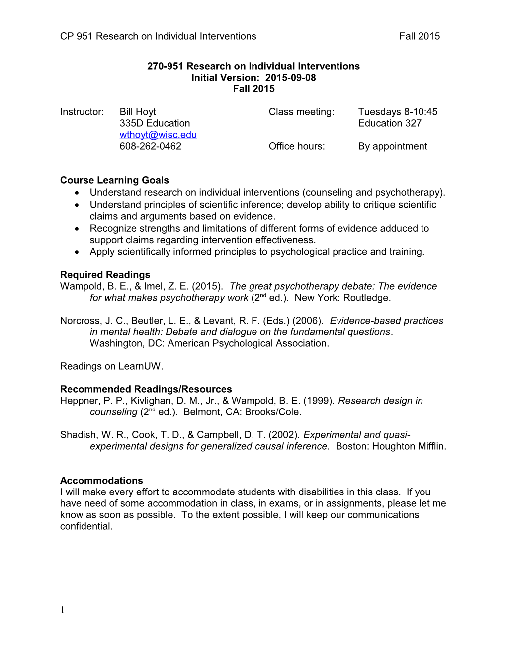 CP 951 Research on Individual Interventions Fall 2015