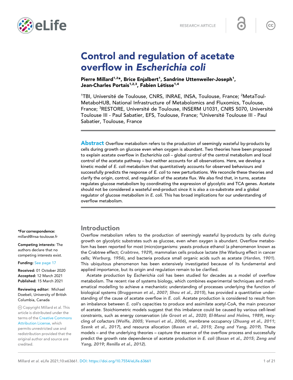 Control and Regulation of Acetate Overflow in Escherichia Coli