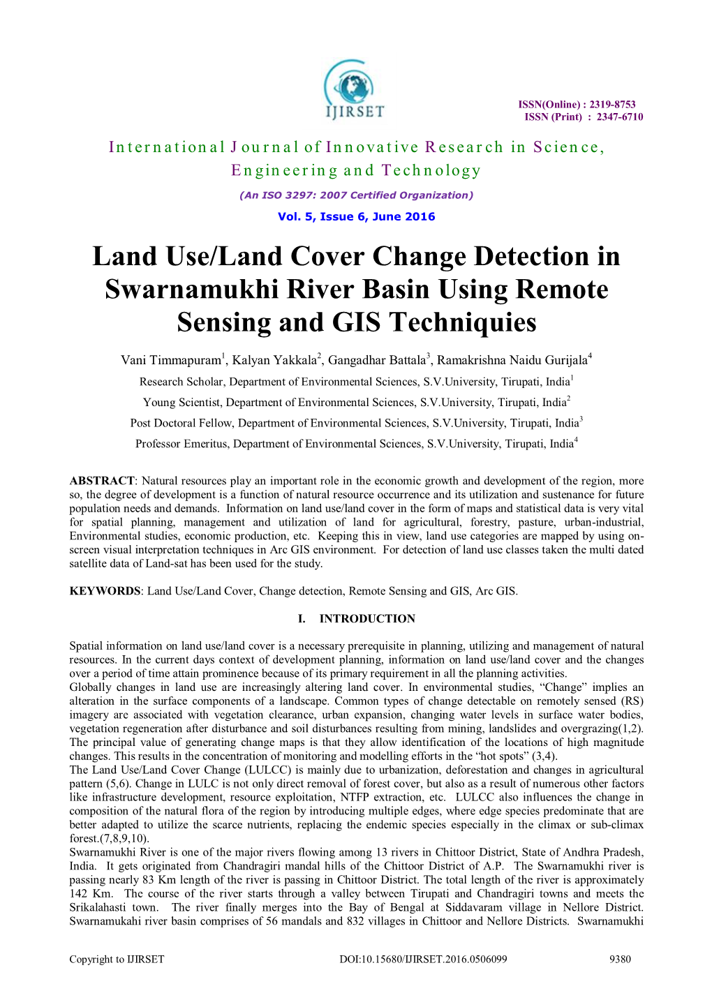 Land Use/Land Cover Change Detection in Swarnamukhi River Basin Using Remote Sensing and GIS Techniquies