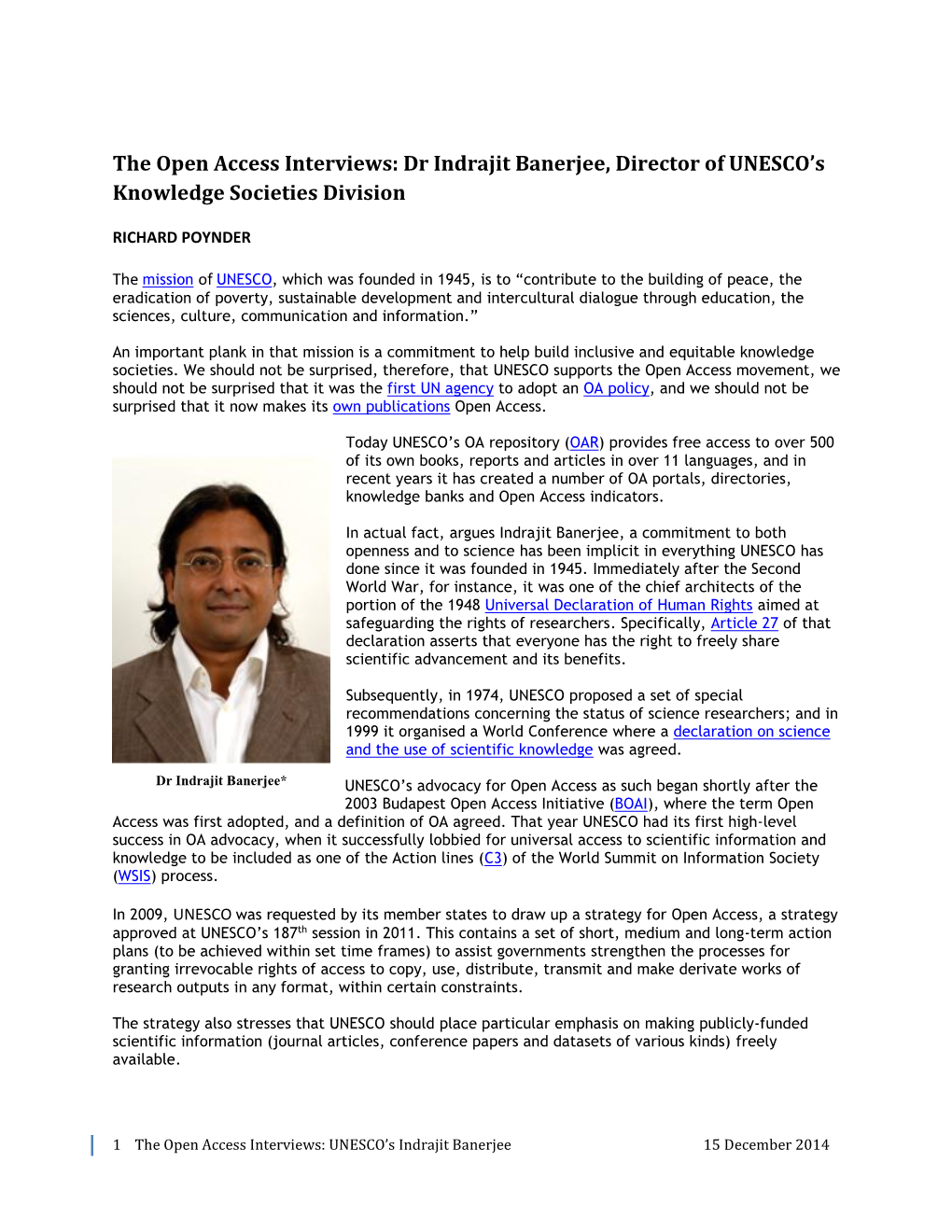 Dr Indrajit Banerjee, Director of UNESCO's Knowledge Societies
