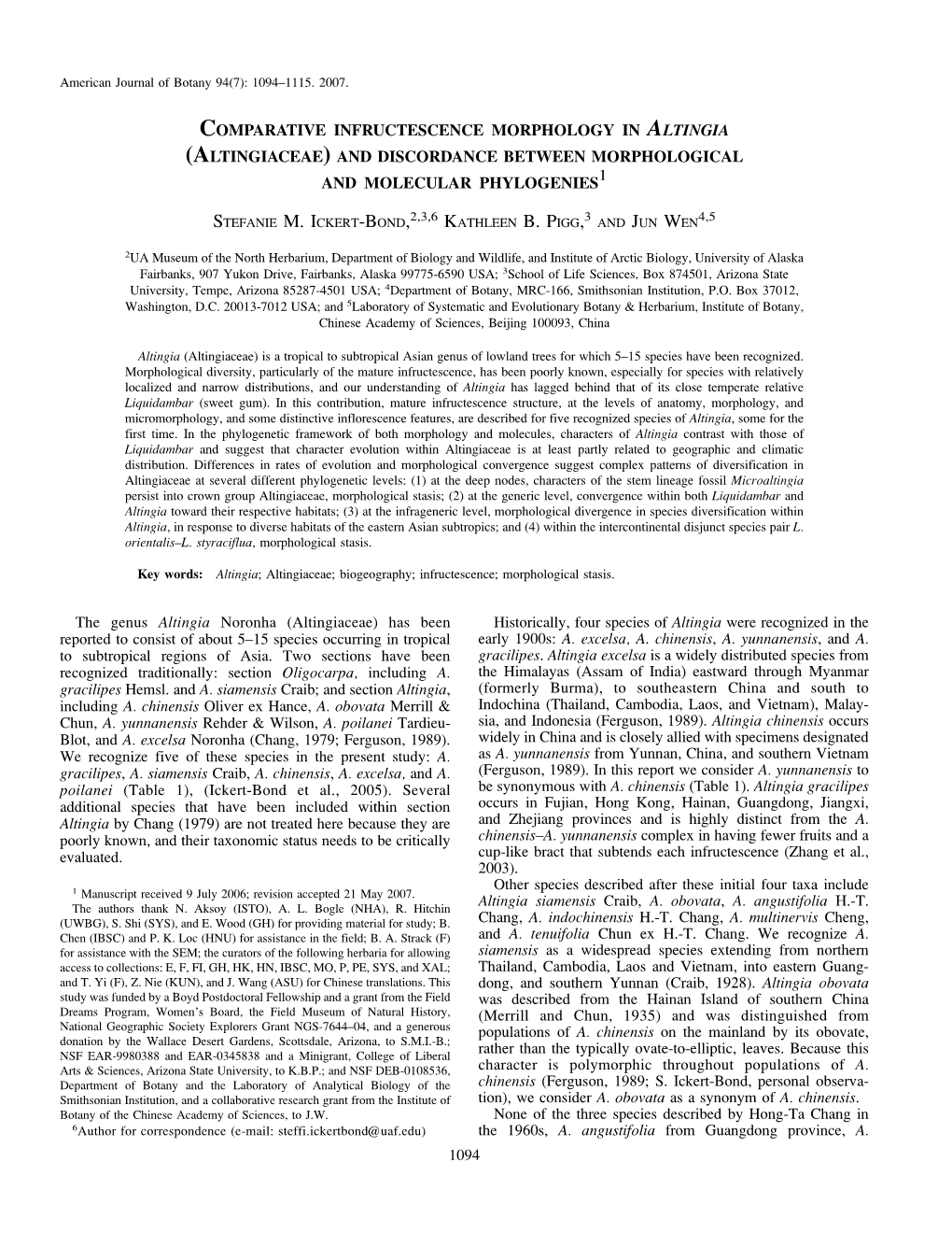 Altingiaceae) and Discordance Between Morphological and Molecular Phylogenies1