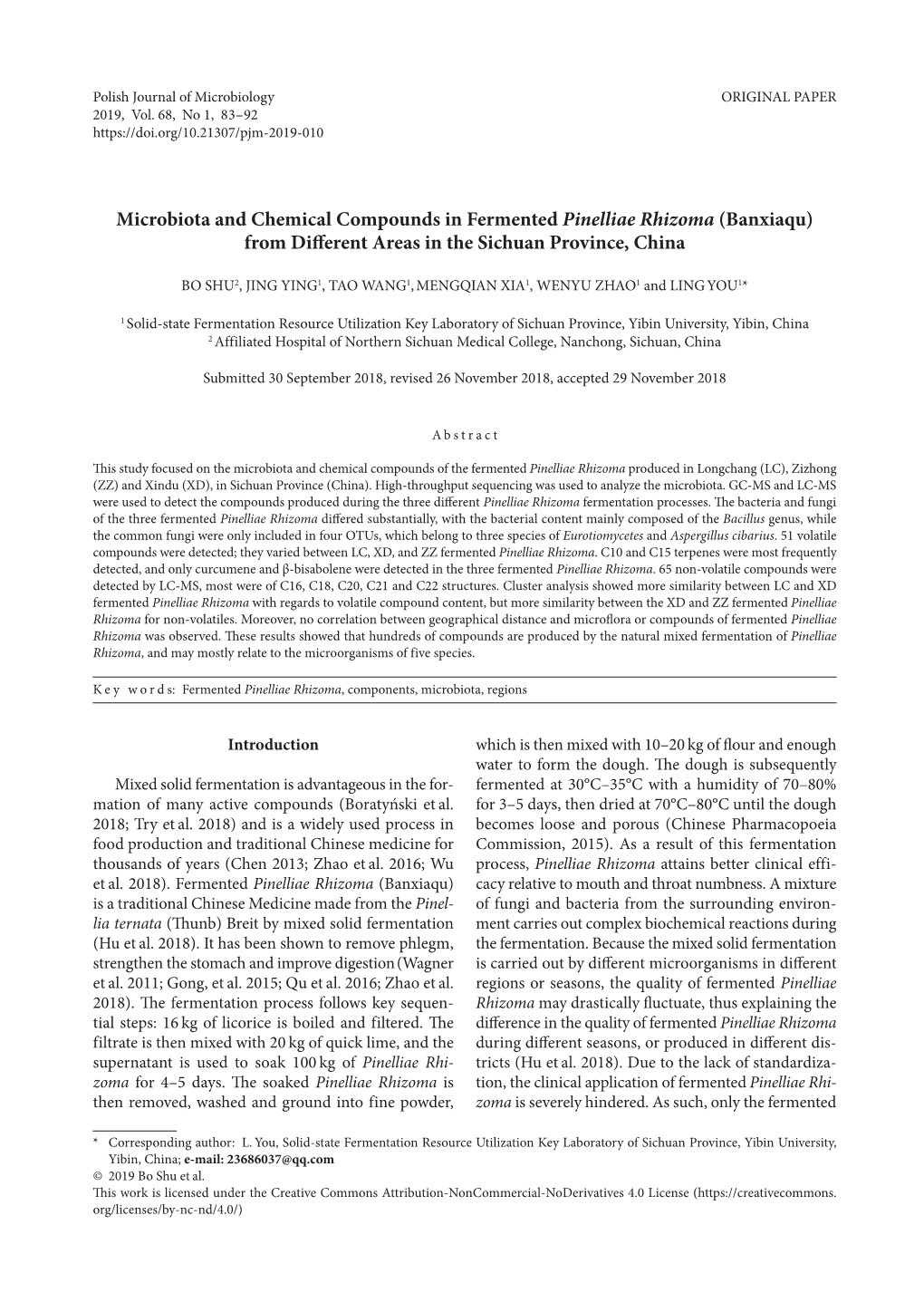 Microbiota and Chemical Compounds in Fermented Pinelliae Rhizoma (Banxiaqu) from Different Areas in the Sichuan Province, China