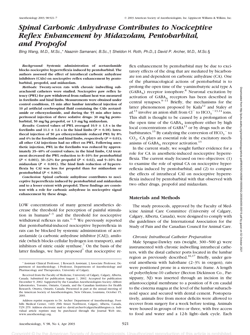 Spinal Carbonic Anhydrase Contributes to Nociceptive Reflex