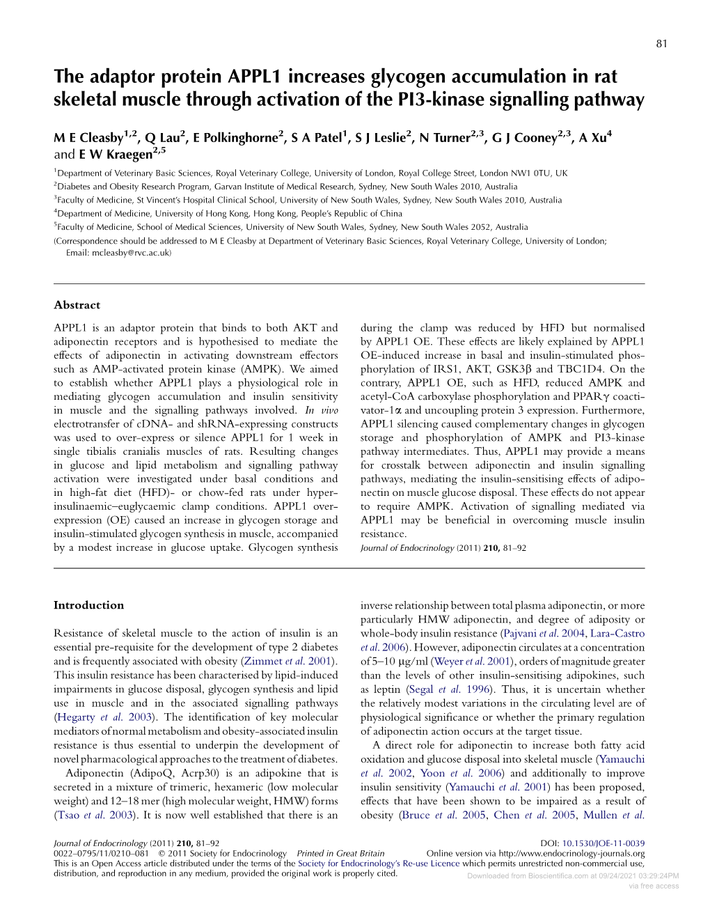 The Adaptor Protein APPL1 Increases Glycogen Accumulation in Rat Skeletal Muscle Through Activation of the PI3-Kinase Signalling Pathway