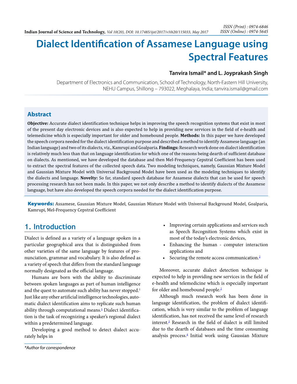 Dialect Identification of Assamese Language Using Spectral Features