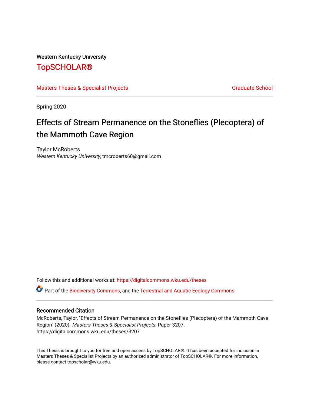 Effects of Stream Permanence on the Stoneflies (Plecoptera) of the Mammoth Cave Region