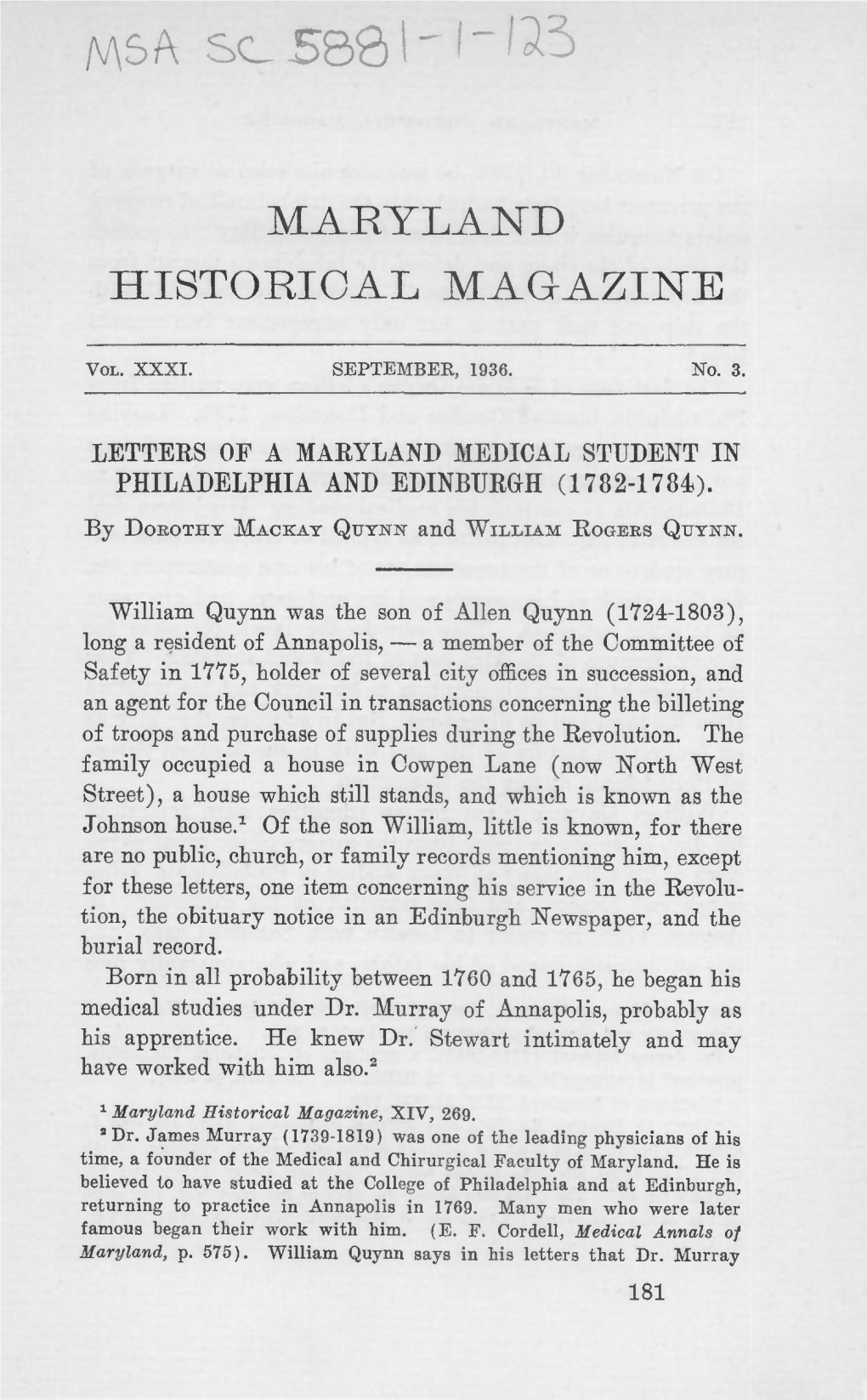 Maryland Historical Magazine, 1936, Volume 31, Issue No. 3