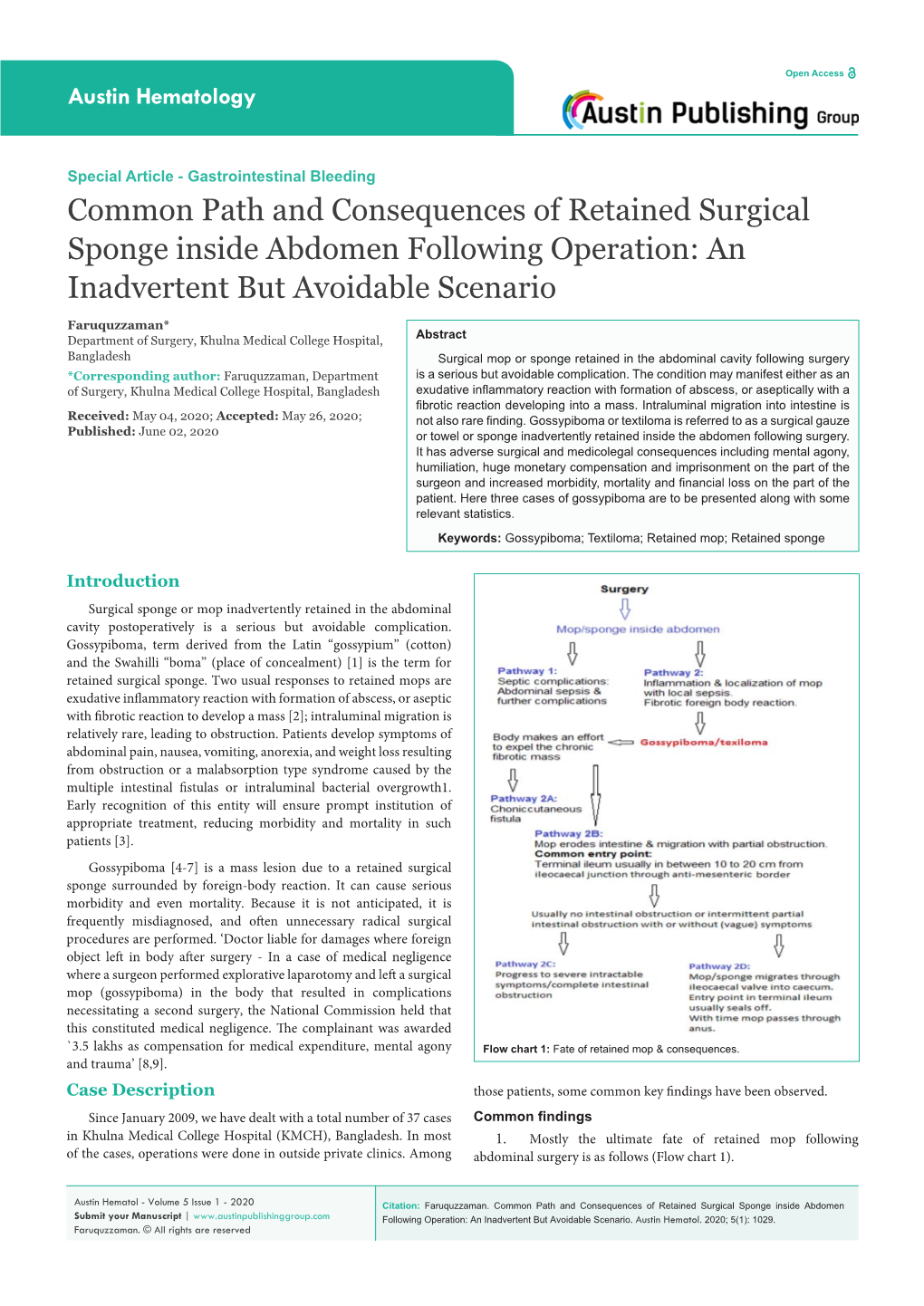 Common Path and Consequences of Retained Surgical Sponge Inside Abdomen Following Operation: an Inadvertent but Avoidable Scenario
