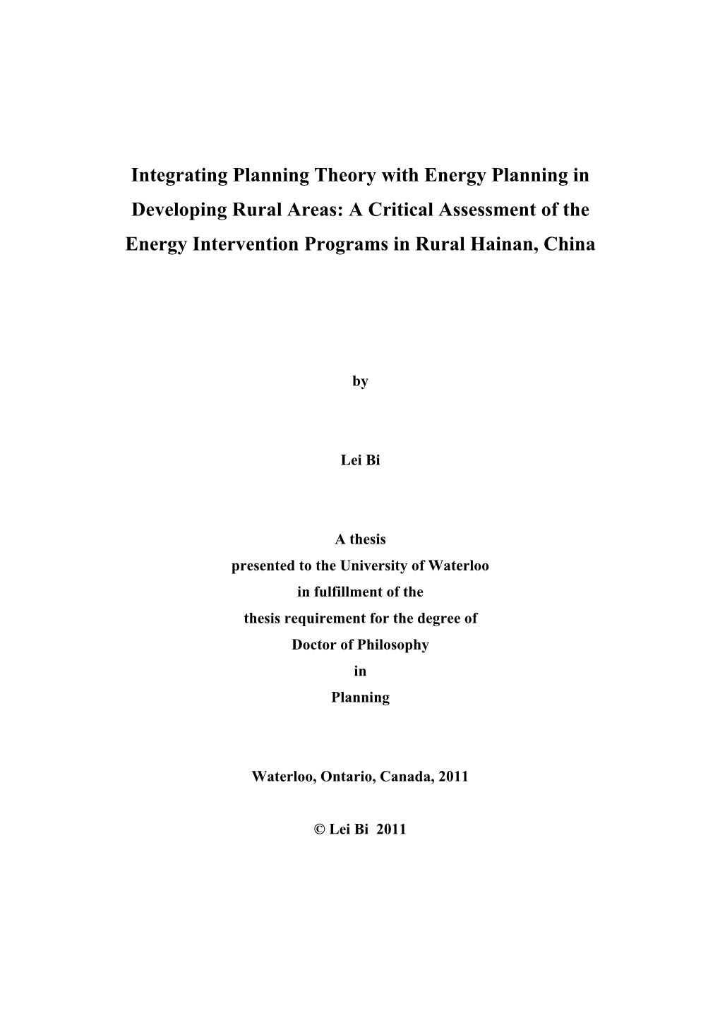 Integrating Planning Theory with Energy Planning in Developing Rural Areas: a Critical Assessment of the Energy Intervention Programs in Rural Hainan, China