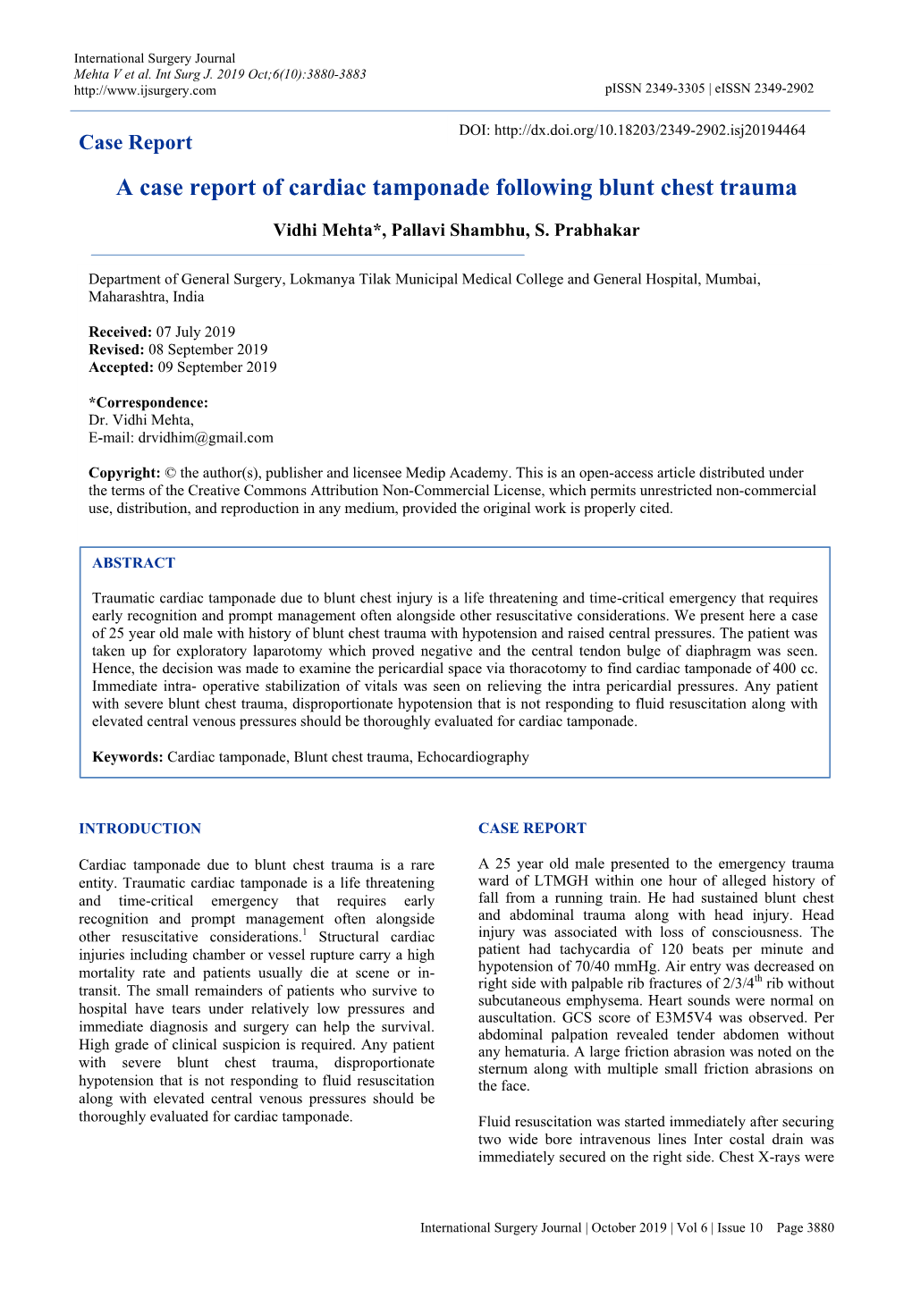 A Case Report of Cardiac Tamponade Following Blunt Chest Trauma