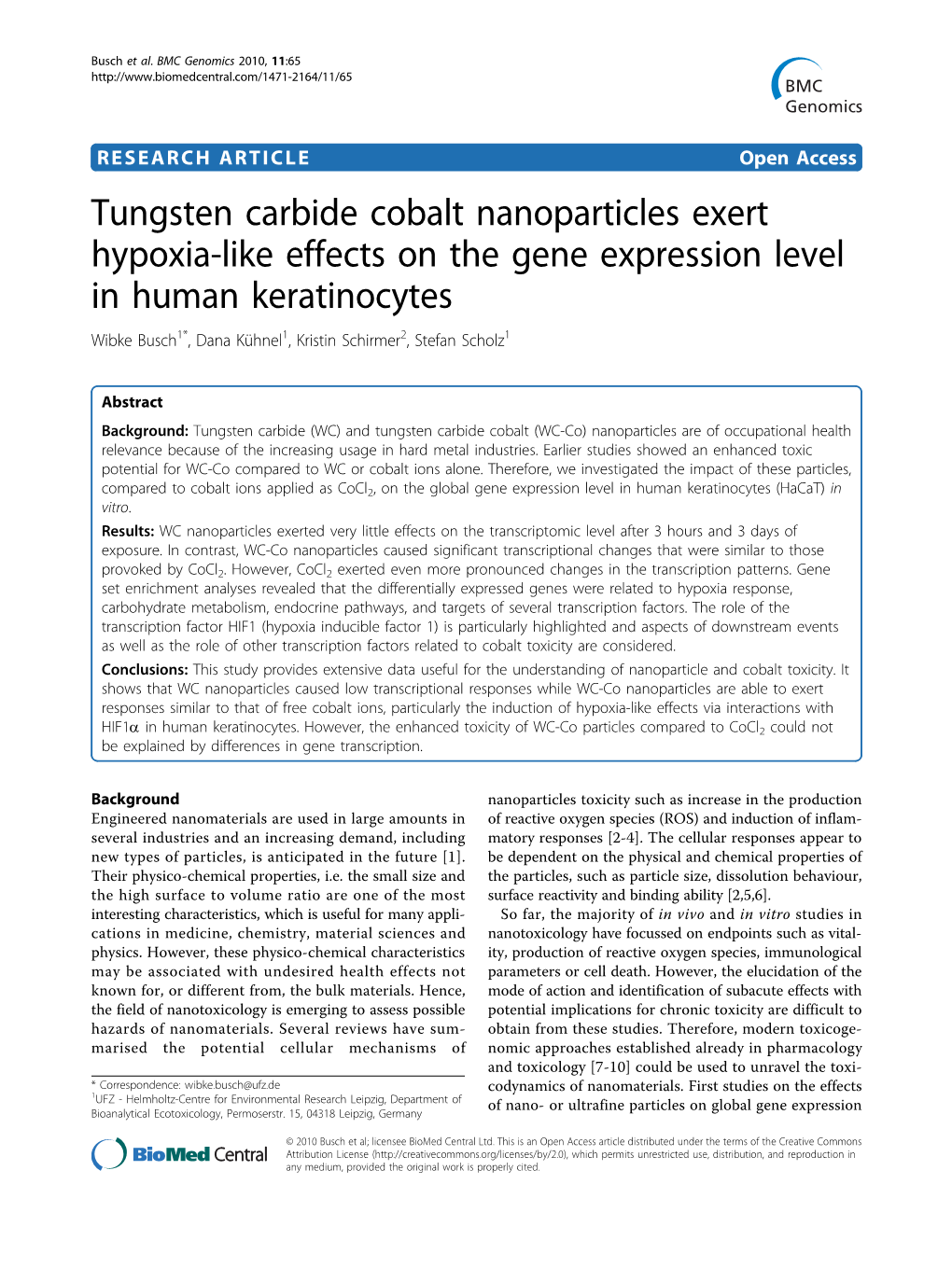 Tungsten Carbide Cobalt Nanoparticles Exert Hypoxia-Like Effects on The