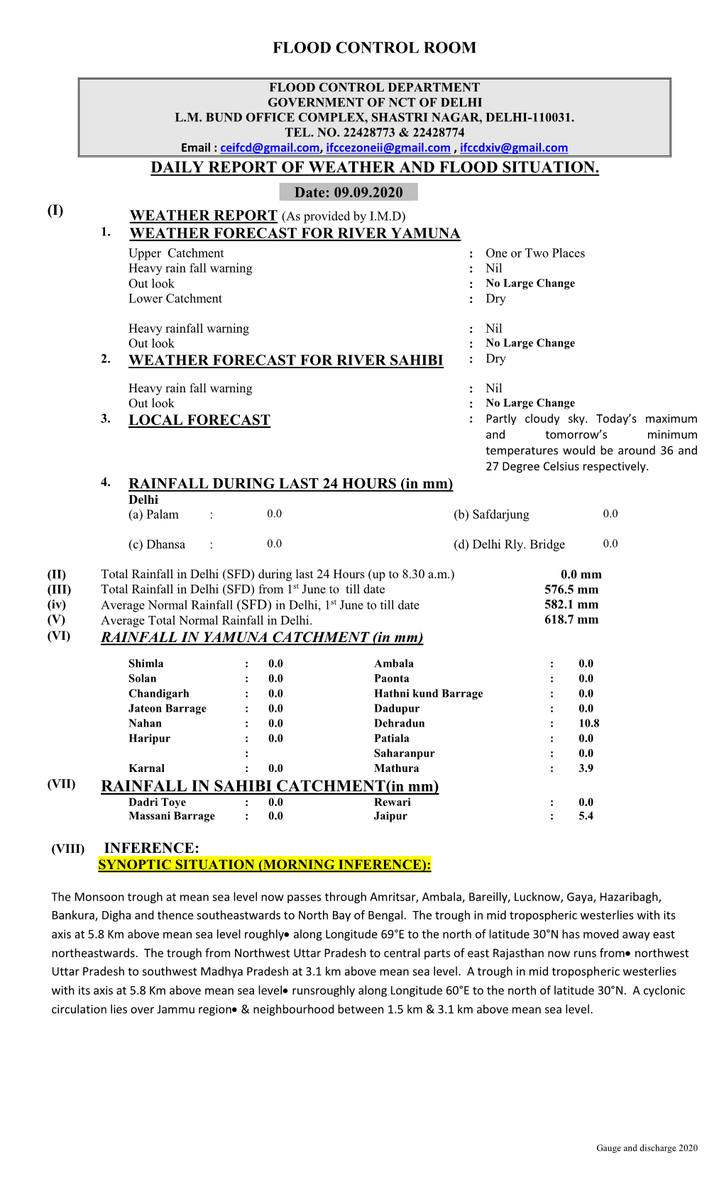 Flood Control Room Daily Report of Weather And