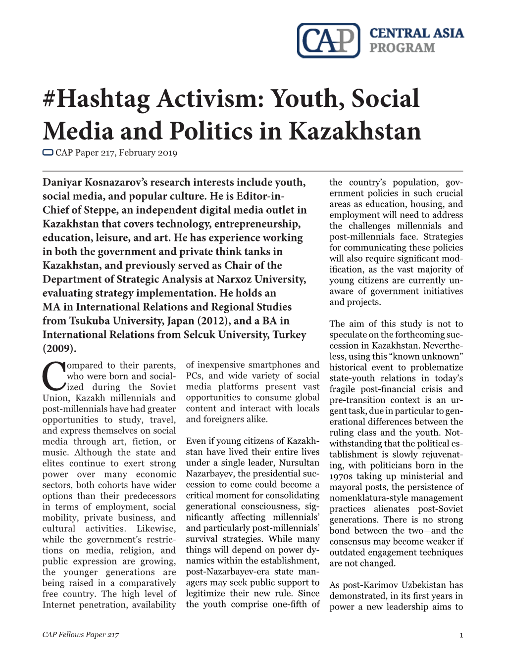 Hashtag Activism: Youth, Social Media and Politics in Kazakhstan CAP Paper 217, February 2019