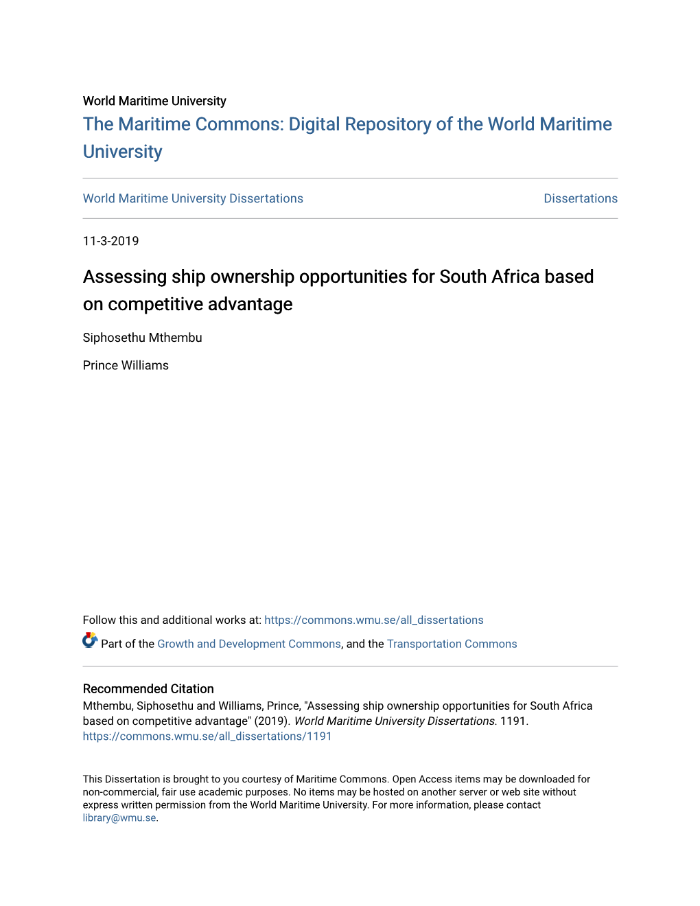 Assessing Ship Ownership Opportunities for South Africa Based on Competitive Advantage