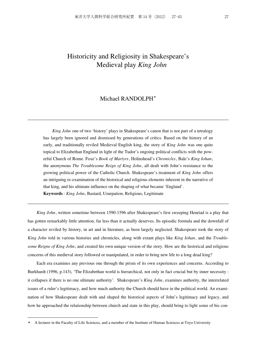 Historicity and Religiosity in Shakespeare's Medieval Play King John