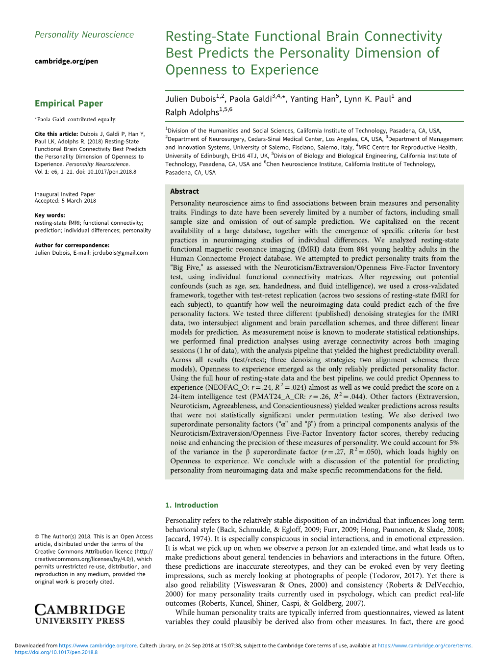 Resting-State Functional Brain Connectivity Best Predicts the Personality Dimension of Cambridge.Org/Pen Openness to Experience