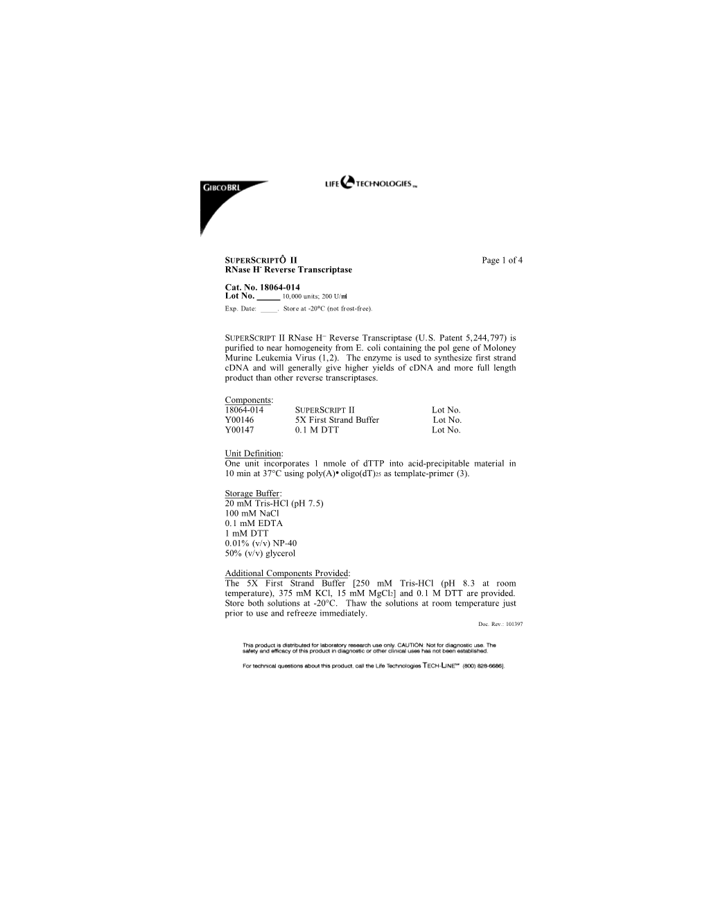 Page 1 of 4 Rnase H- Reverse Transcriptase Cat. No. 18064-014 Lot No