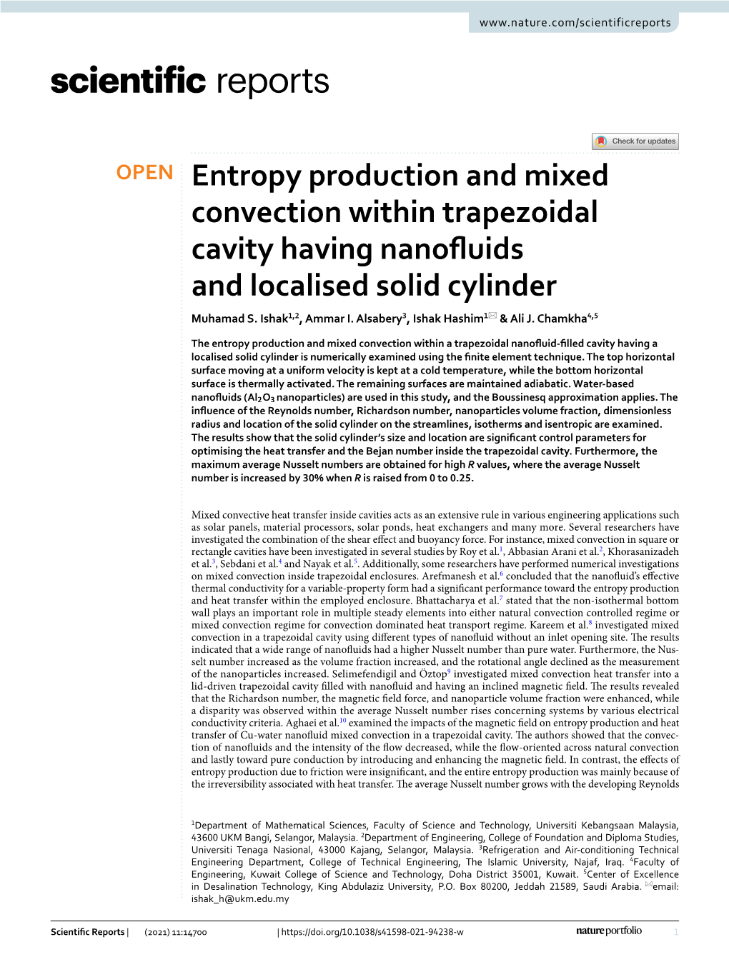 Entropy Production and Mixed Convection Within Trapezoidal Cavity Having Nanofuids and Localised Solid Cylinder Muhamad S
