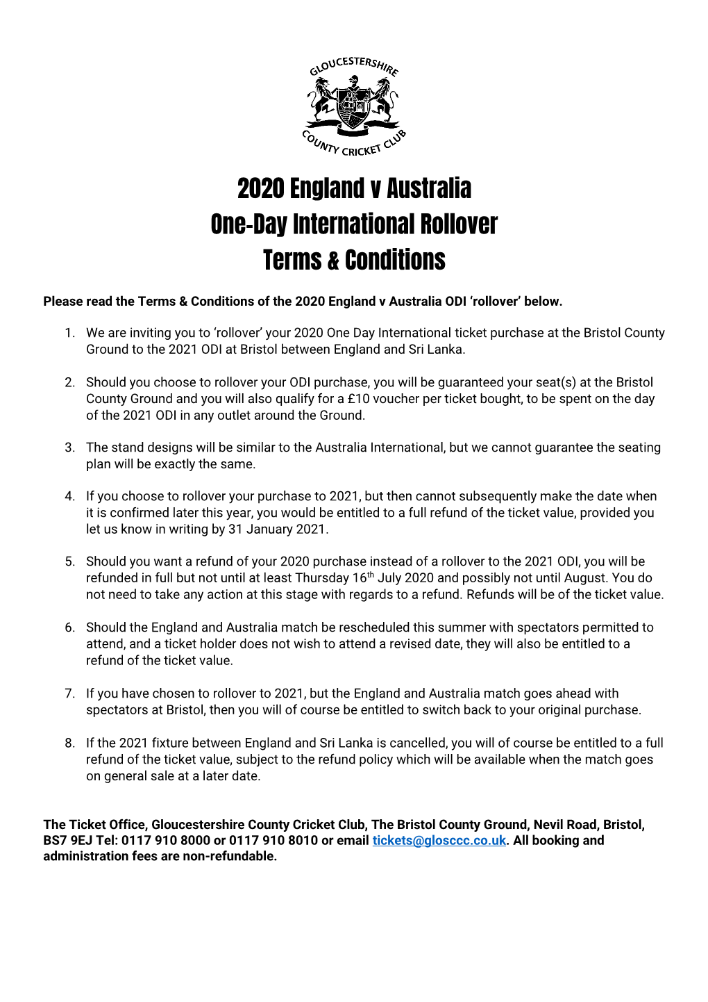 2020 England V Australia One-Day International Rollover Terms & Conditions