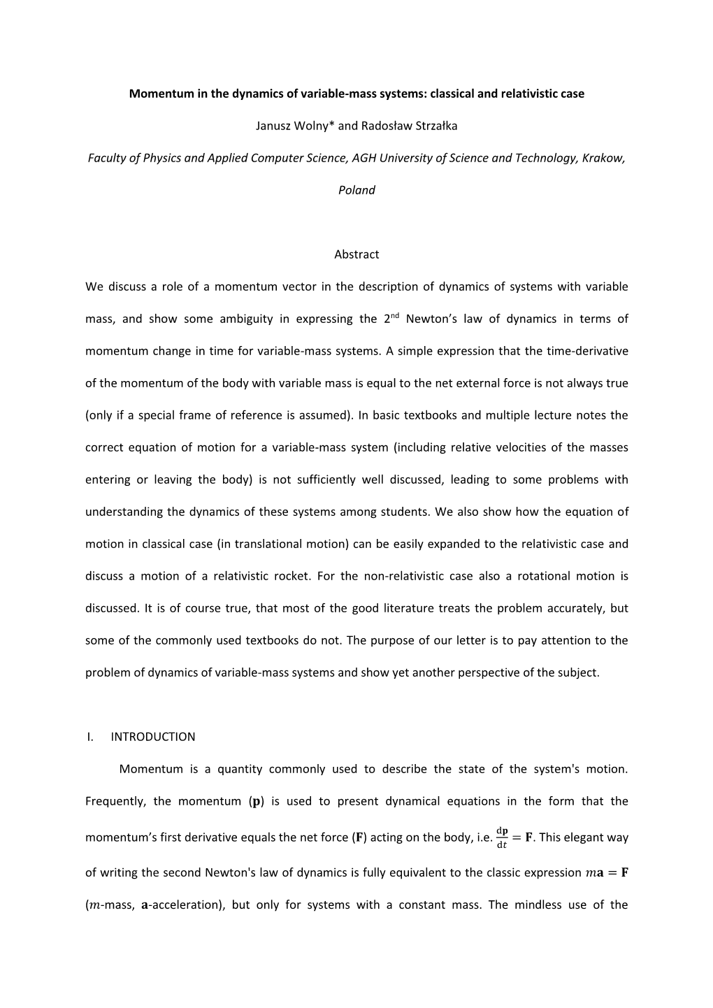 Momentum in the Dynamics of Variable-Mass Systems: Classical and Relativistic Case