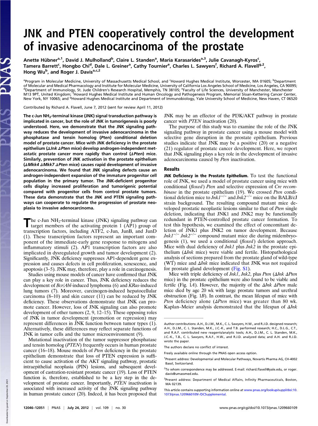 JNK and PTEN Cooperatively Control the Development of Invasive Adenocarcinoma of the Prostate