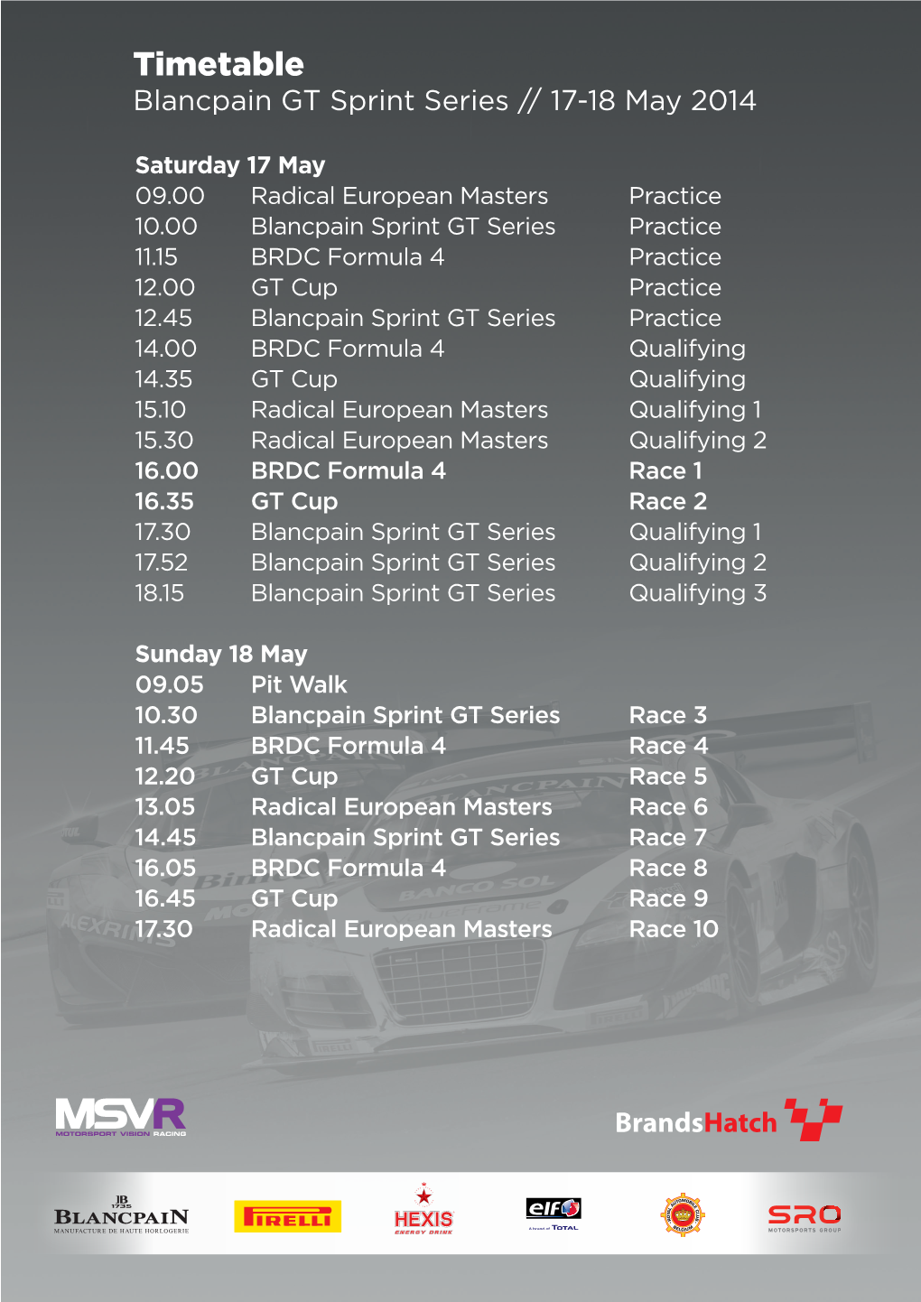 Timetable Blancpain GT Sprint Series // 17-18 May 2014