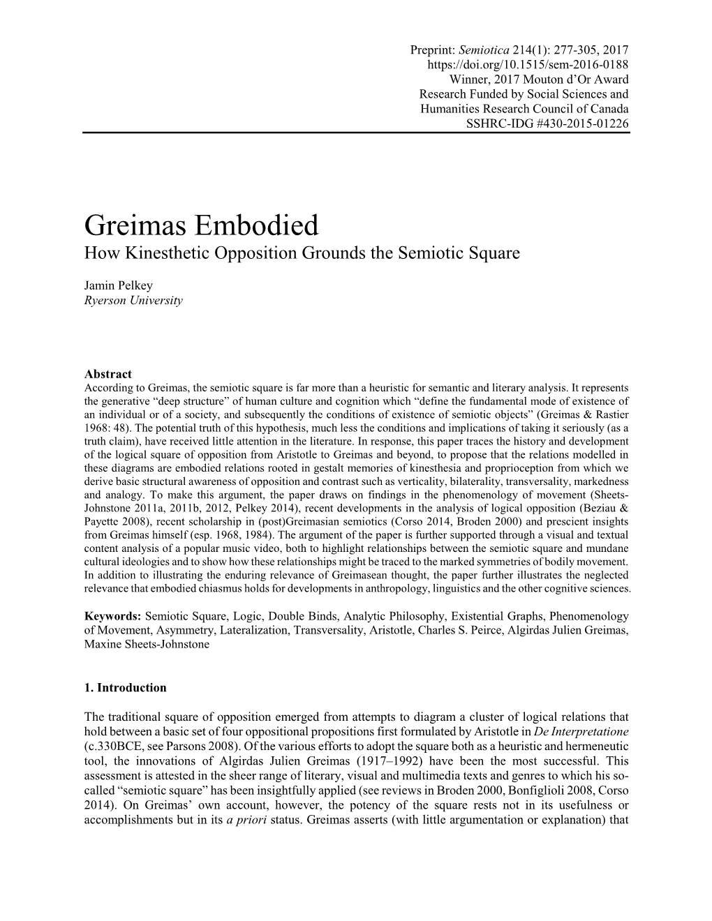 Greimas Embodied How Kinesthetic Opposition Grounds the Semiotic Square