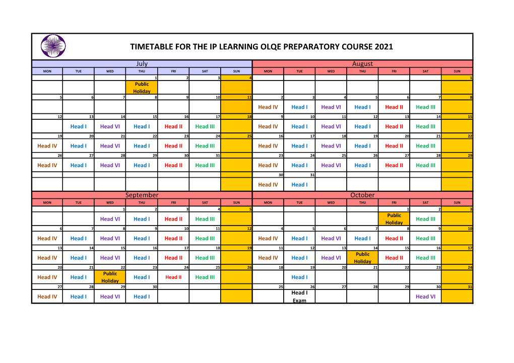 Timetable for the Ip Learning Olqe Preparatory Course 2021