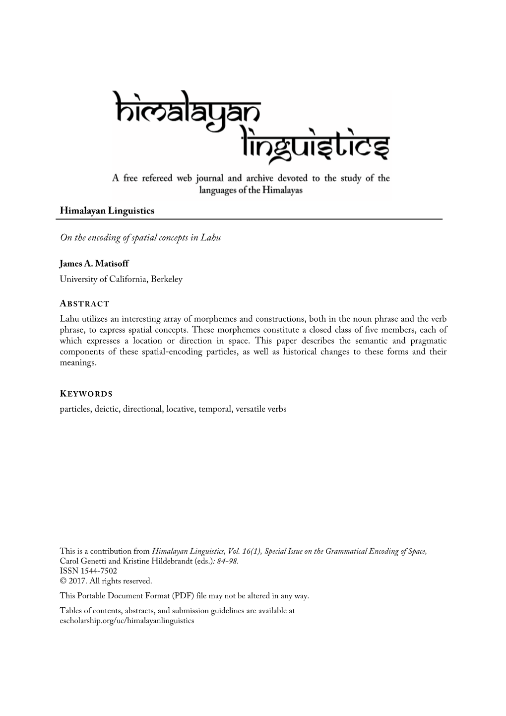 Himalayan Linguistics on the Encoding of Spatial Concepts in Lahu