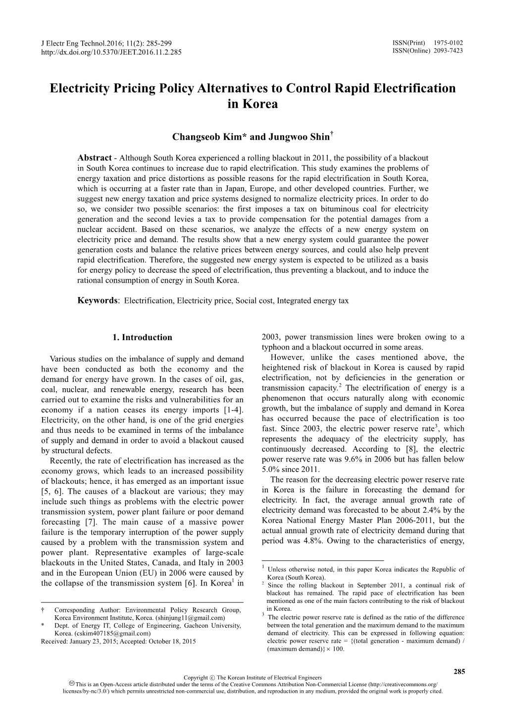 Electricity Pricing Policy Alternatives to Control Rapid Electrification in Korea