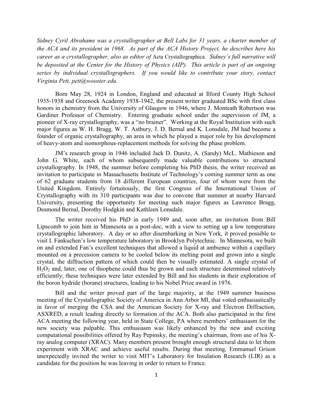 Crystallographic Career of Sidney Cyril Abrahams