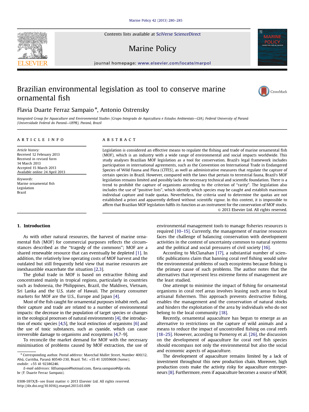 Brazilian Environmental Legislation As Tool to Conserve Marine Ornamental ﬁsh