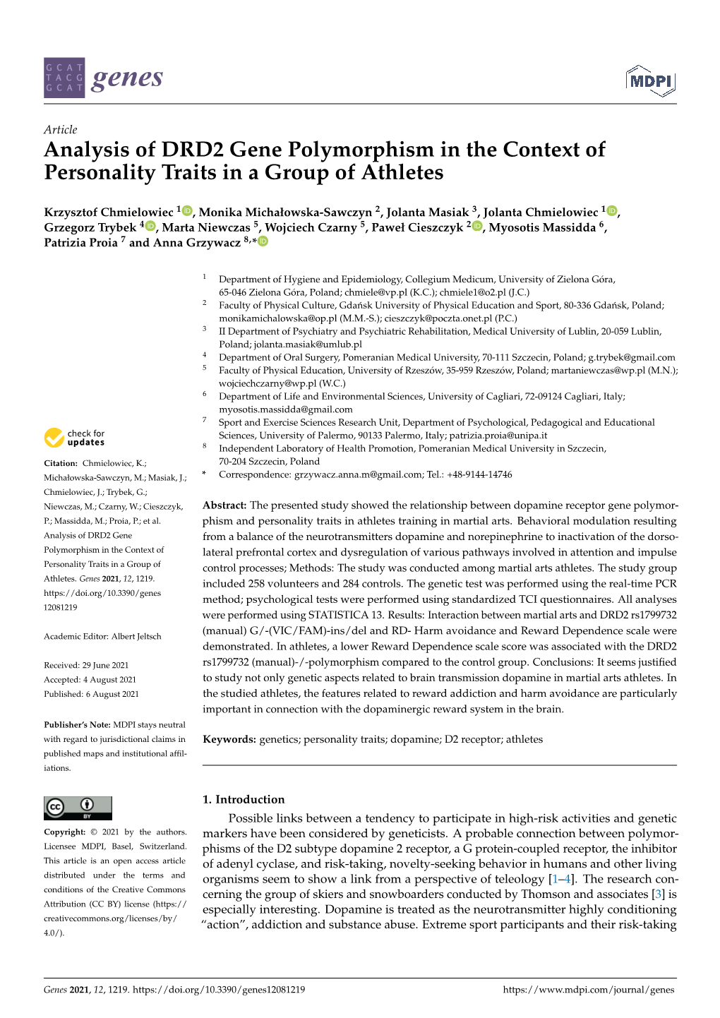 Analysis of DRD2 Gene Polymorphism in the Context of Personality Traits in a Group of Athletes