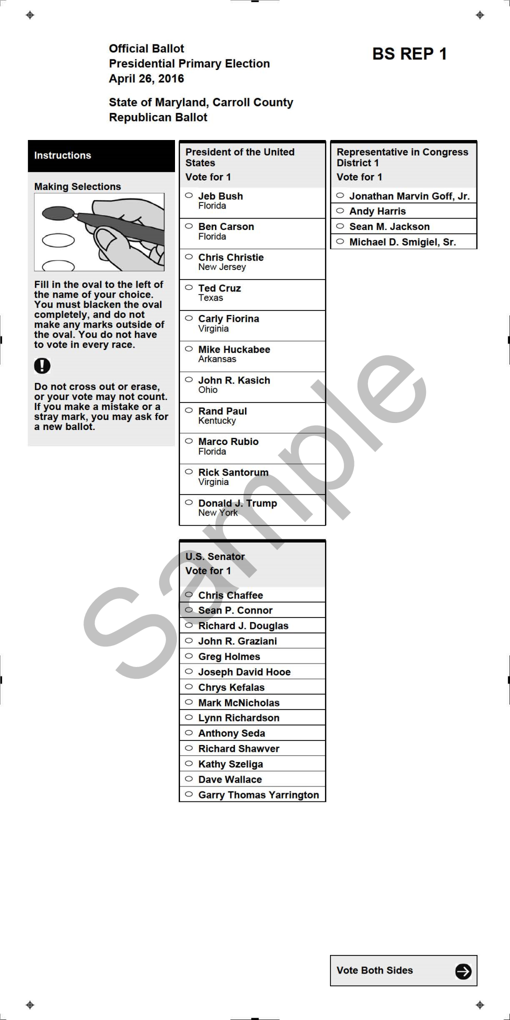 BS REP 1 Presidential Primary Election April 26, 2016