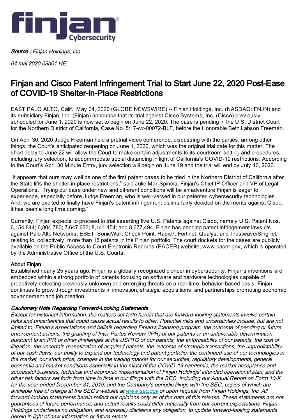 Finjan and Cisco Patent Infringement Trial to Start June 22, 2020 Post-Ease of COVID-19 Shelter-In-Place Restrictions