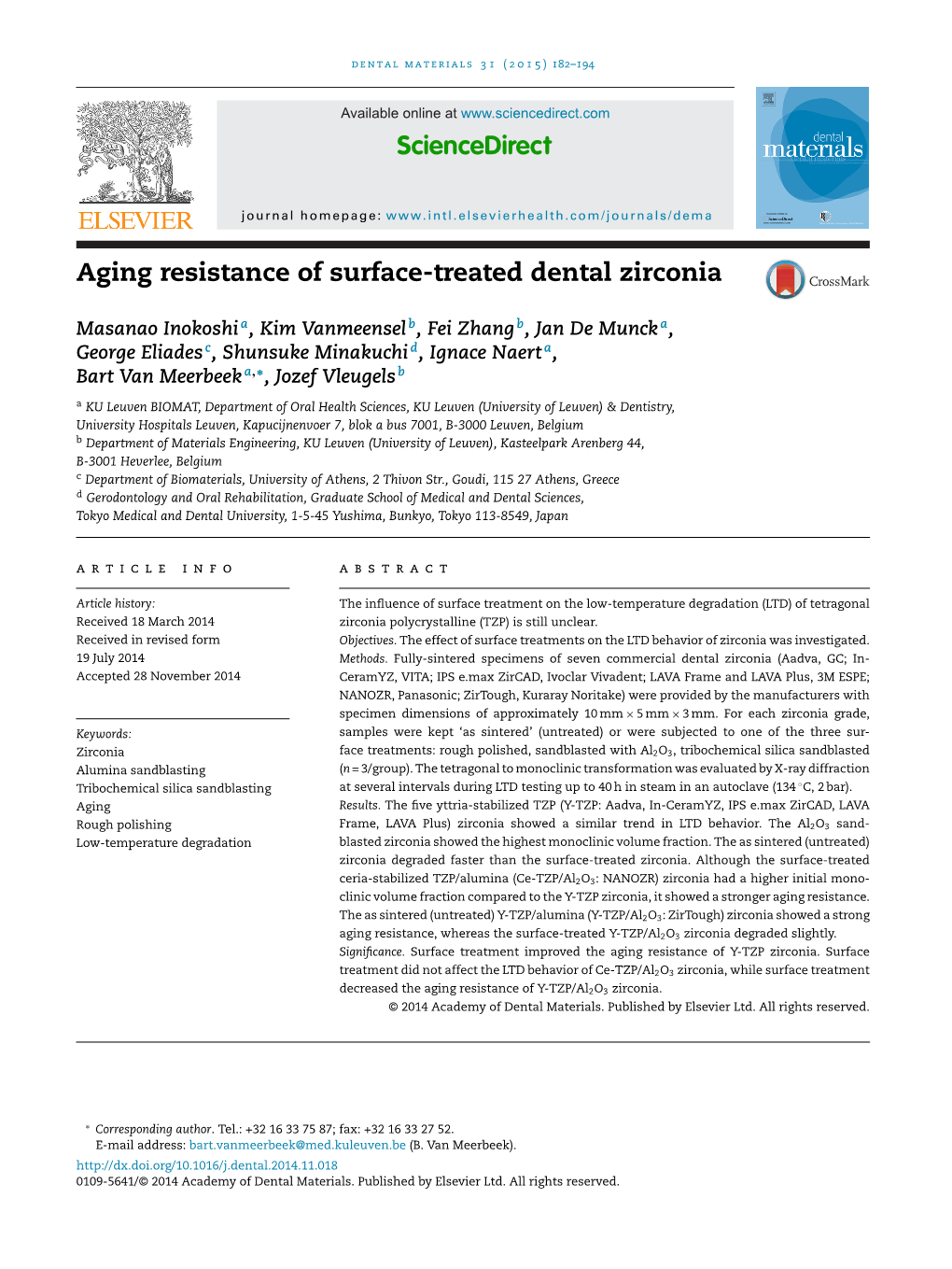 Aging Resistance of Surface-Treated Dental Zirconia