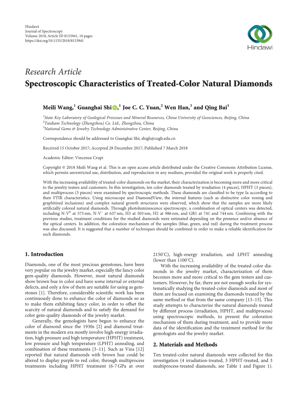 Research Article Spectroscopic Characteristics of Treated-Color Natural Diamonds